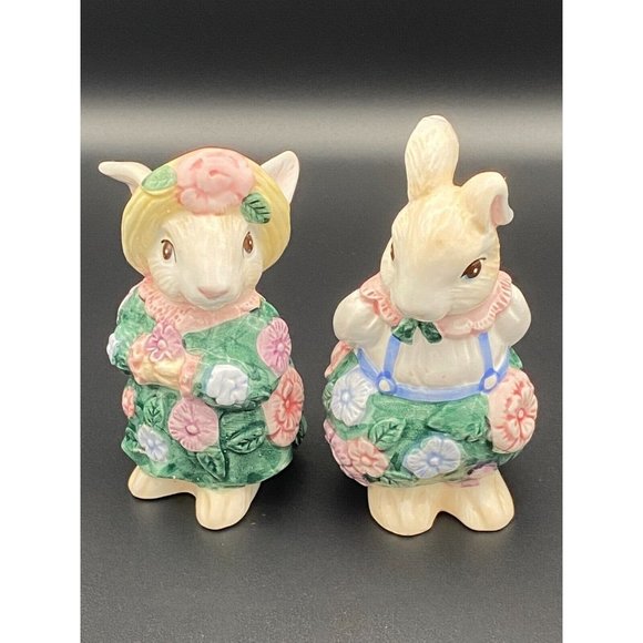 Fitz and Floyd Bunny Salt and Pepper Shaker Set Bloomers Collection 1991 Easter - Picture 1 of 10